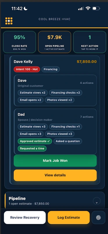 RoadMode Buyer Signals showing customer intent, financing, questions and decision activity