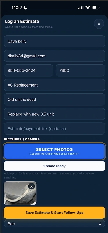 RoadMode mobile Log an Estimate form with customer details, quote amount and photo upload
