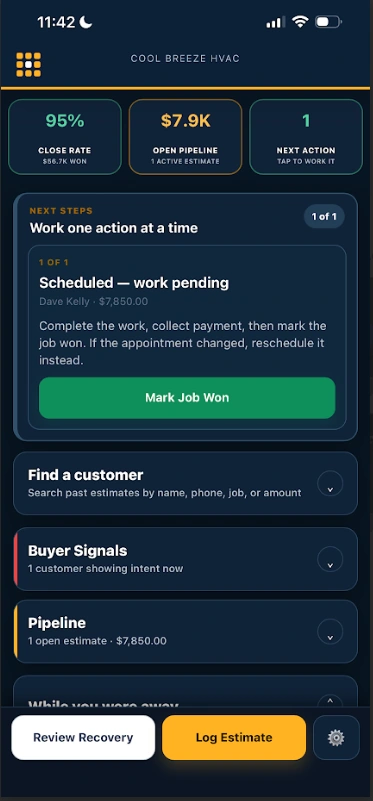 RoadMode Next Steps carousel showing scheduled job and Mark Job Won action