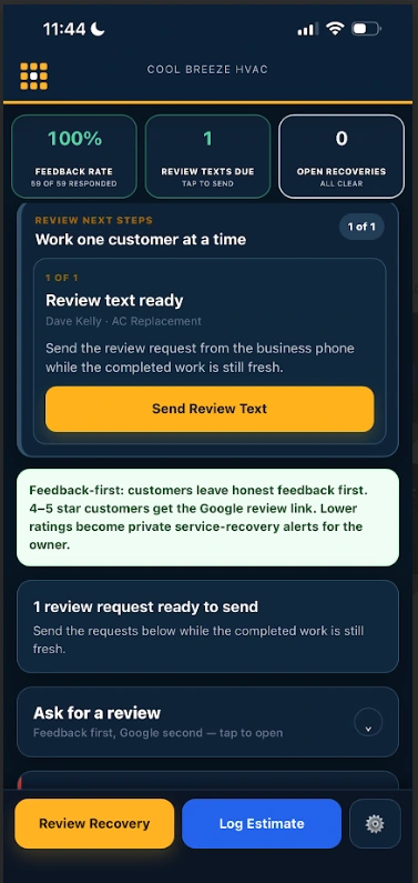 RoadMode Review Recovery queue showing review text ready to send